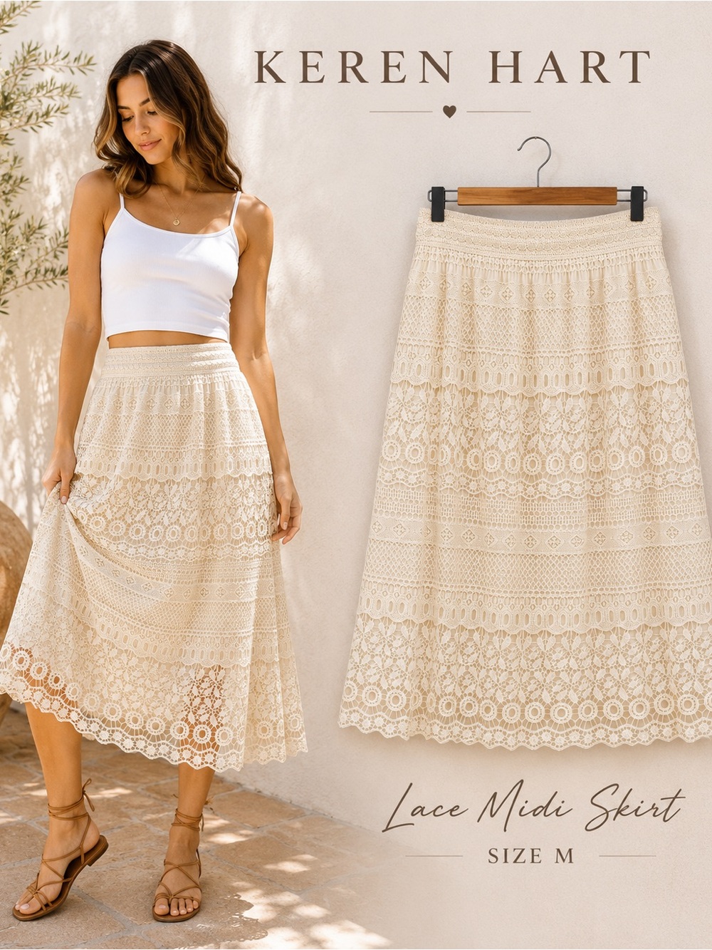 Keren Hart Lace Midi Skirt Cream Boho Cottagecore Size M